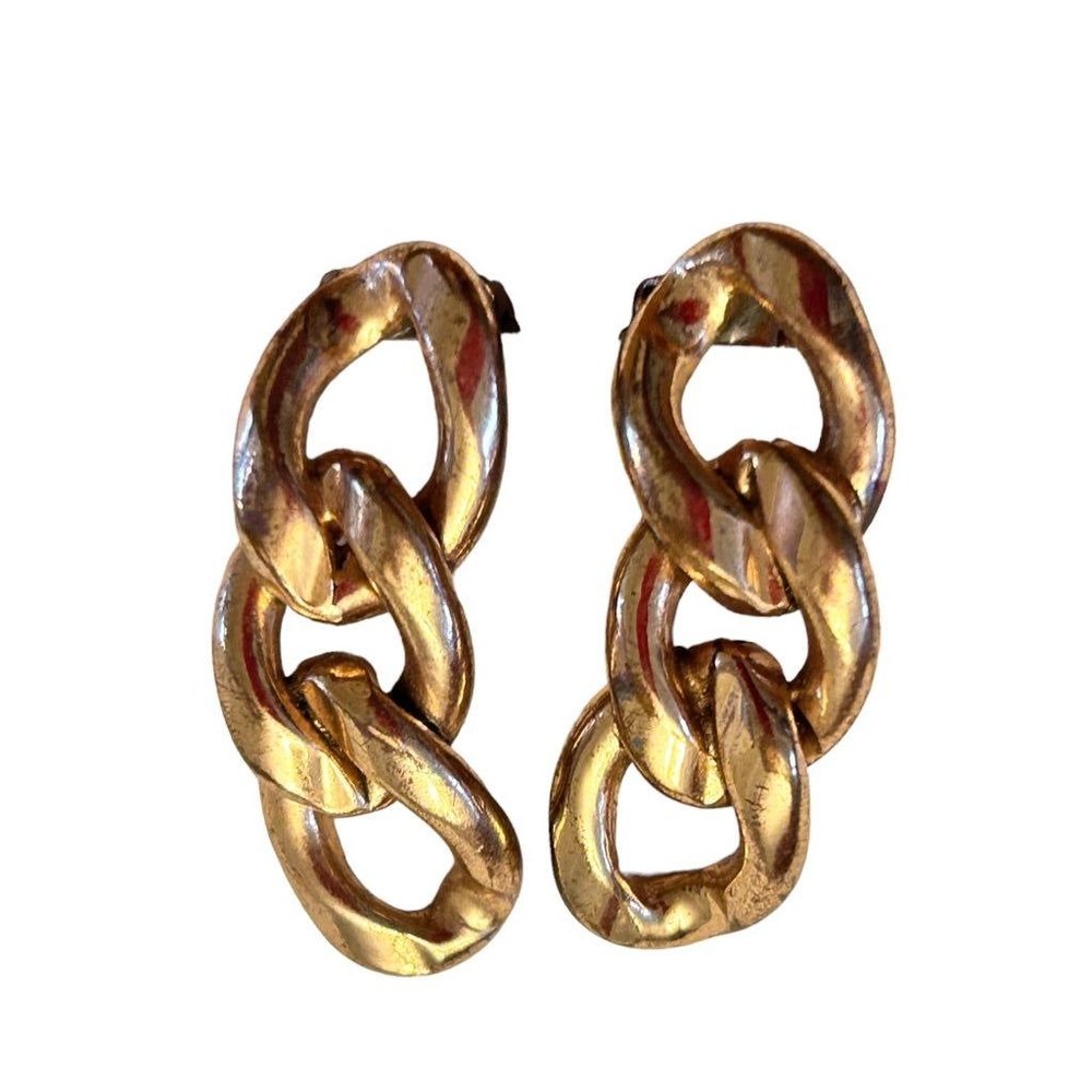 Vintage 1970s Signed Bergere 1.25" Clip On Non-Pierced Goldtone Chain Style Earr